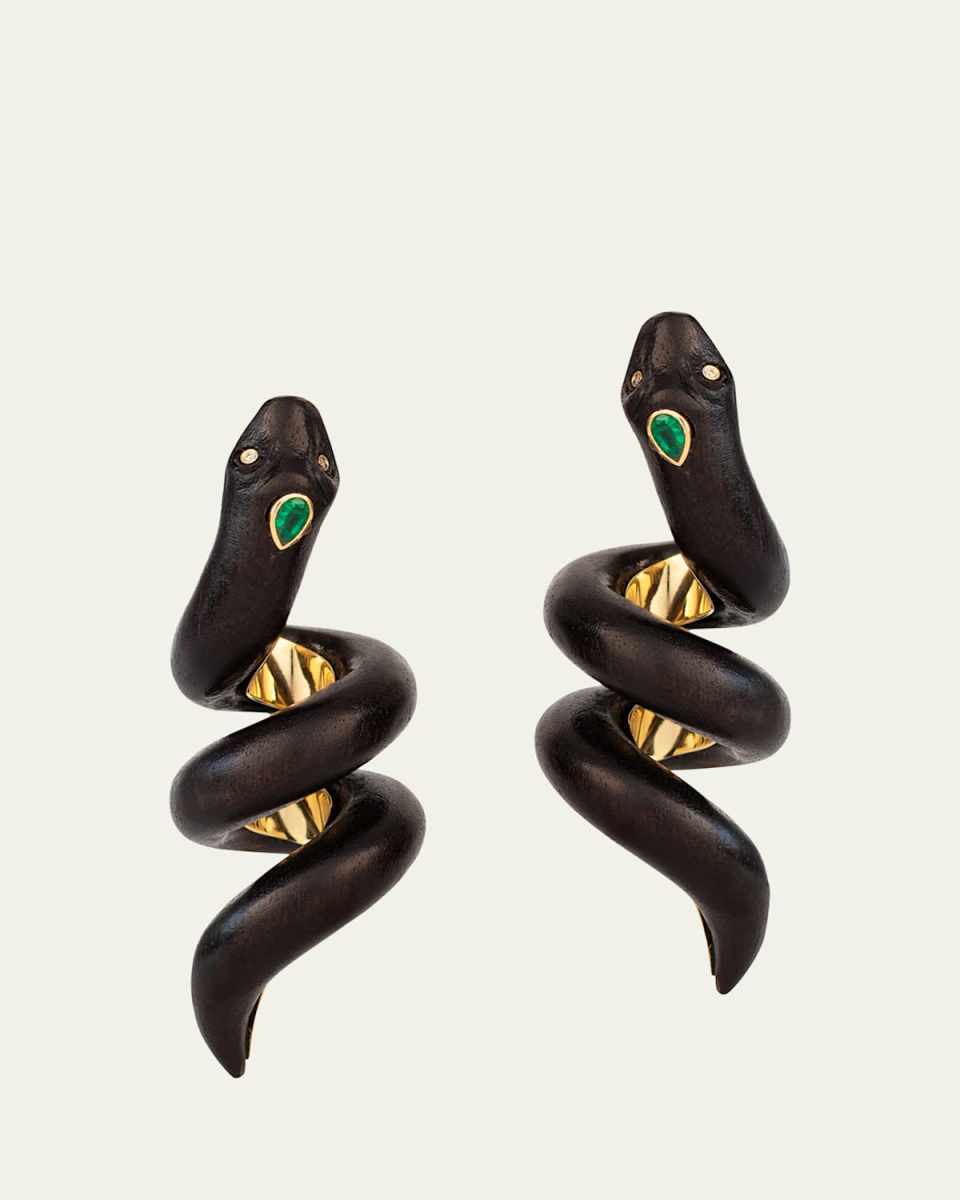 Wooden Snake Earrings with Diamonds and Emeralds